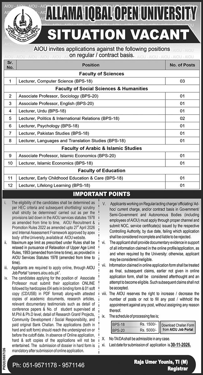 Allama Iqbal Open University AIOU Education Posts Islamabad 2026